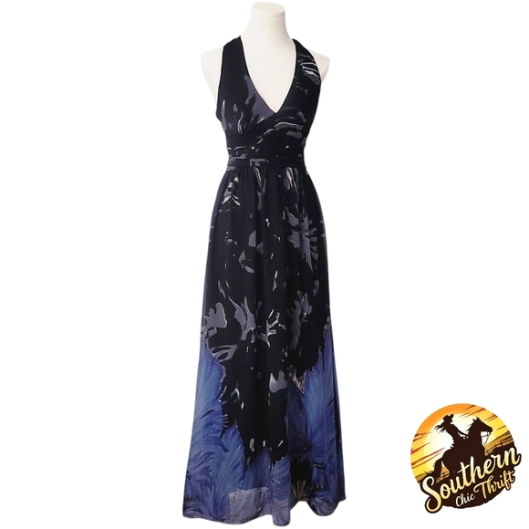 TWENTY ONE - Small Elegant Black and Blue Halter Maxi Dress - Picture 4 of 8